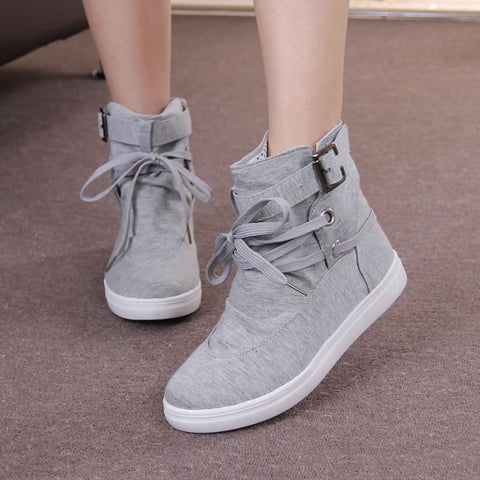 Wertzk 2018 HOT Autumn Women Boots Casual Canvas Shoes Woman Flats Solid Ankle Boots Black and Grey Platform Shoes Woman S008