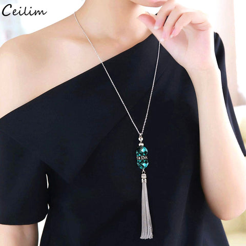 2019 New Crystal Bead Sweater Chain Necklace for Women Fashion Silver Color Tassel Pendant Long Necklace Statement Neck Jewelry