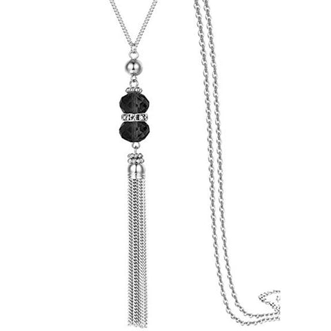 2019 New Crystal Bead Sweater Chain Necklace for Women Fashion Silver Color Tassel Pendant Long Necklace Statement Neck Jewelry