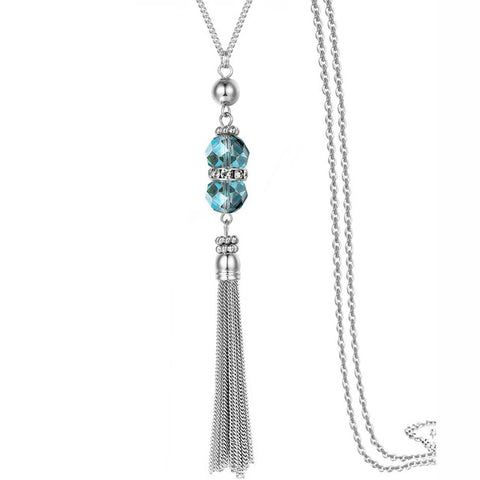 2019 New Crystal Bead Sweater Chain Necklace for Women Fashion Silver Color Tassel Pendant Long Necklace Statement Neck Jewelry