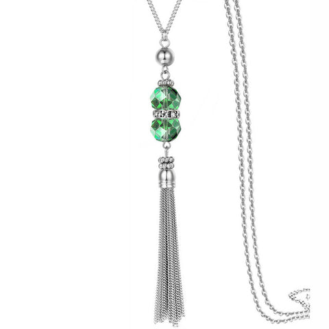 2019 New Crystal Bead Sweater Chain Necklace for Women Fashion Silver Color Tassel Pendant Long Necklace Statement Neck Jewelry