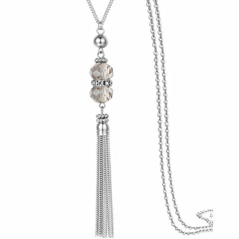 2019 New Crystal Bead Sweater Chain Necklace for Women Fashion Silver Color Tassel Pendant Long Necklace Statement Neck Jewelry