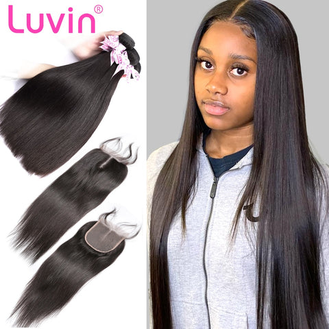 Luvin 28 30 32 40 Inch Brazilian Hair Weave Bundles Straight Human Hair 3 4 Bundles With Lace Closure Remy Hair Extension