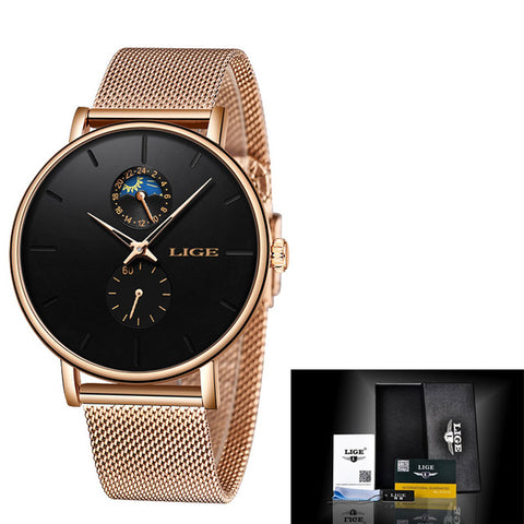LIGE Womens Watches Top Brand Luxury Waterproof Watch Fashion Ladies Stainless Steel Ultra-Thin Casual Wrist Watch Quartz Clock