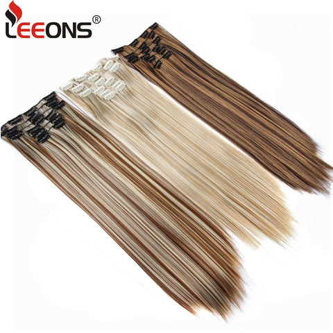 Leeons 16 Clip In Hair Extensions Fake Hair Synthetic Hairpiece Heat Resistant Hair 6Pcs/Set Straight Clip Ins Hairpins