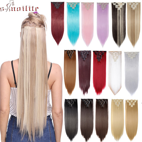 S-noilite 26" 8pcs Long Straight Women Clips in Hair Extension Synthetic Hairpiece Haistyle Heat Resistant White Red Purple