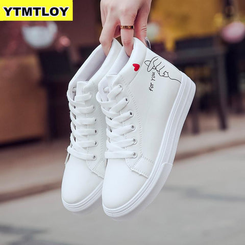 High Top Sneakers PU Casual Shoes White Flat Female Vulcanized Shoe Lace Up Solid Chaussure Femme Woman  Heart-shaped