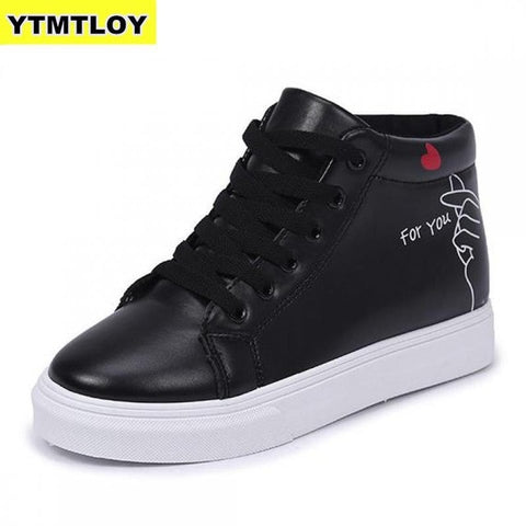 High Top Sneakers PU Casual Shoes White Flat Female Vulcanized Shoe Lace Up Solid Chaussure Femme Woman  Heart-shaped