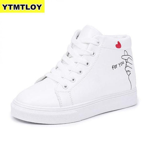 High Top Sneakers PU Casual Shoes White Flat Female Vulcanized Shoe Lace Up Solid Chaussure Femme Woman  Heart-shaped