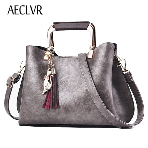 AECLVR High Quality Women Leather Handbags Vintage Tassel Women Sequined Shoulder Bags Solid Casual Tote Bag Messenger Bag Bolsa