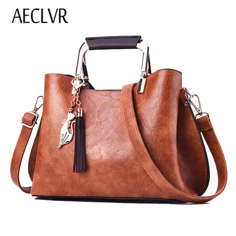 AECLVR High Quality Women Leather Handbags Vintage Tassel Women Sequined Shoulder Bags Solid Casual Tote Bag Messenger Bag Bolsa