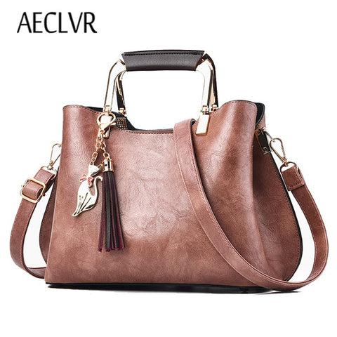 AECLVR High Quality Women Leather Handbags Vintage Tassel Women Sequined Shoulder Bags Solid Casual Tote Bag Messenger Bag Bolsa