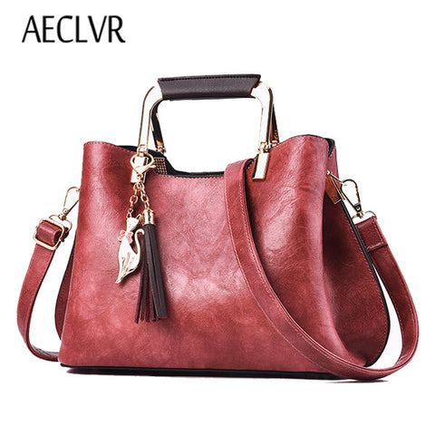 AECLVR High Quality Women Leather Handbags Vintage Tassel Women Sequined Shoulder Bags Solid Casual Tote Bag Messenger Bag Bolsa