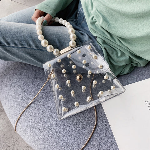 Fashion Girl Pearl Crossbody Bags Women Cute Waterproof Messenger Package Lady Beaded Shoulder Flap Transparent Women Bag