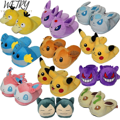 2019 New Anime Cartoon Pokemon Slippers Lovers Warm Woman Slippers Elf Ball Pikachu Go Plush Shoes Home House Slippers Children