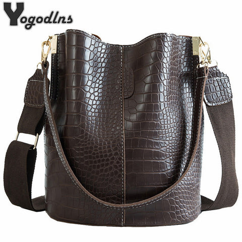 Vintage Casual Bucket Bags for Women Shoulder Bag Alligator pattern Quality Pu Leather Messenger Bag Big Tote Popular Style 2019