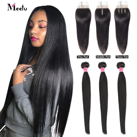 Meetu Malaysian Hair Bundles with Closure Straight Hair Bundles with Closure Natural Human Hair Bundles with Closure Non Remy