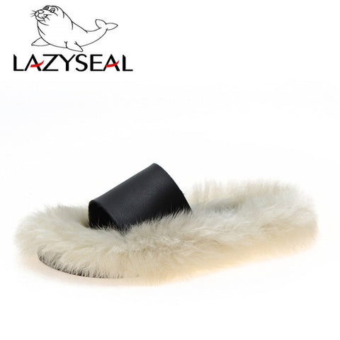 LazySeal Natural Rabbit Fur Slippers Women Shoes Indoor Furry Slippers Warm Home Slides Ladies Flip Flops Flat-soled Plush Shoes