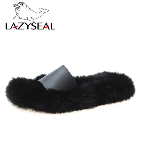 LazySeal Natural Rabbit Fur Slippers Women Shoes Indoor Furry Slippers Warm Home Slides Ladies Flip Flops Flat-soled Plush Shoes