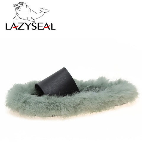 LazySeal Natural Rabbit Fur Slippers Women Shoes Indoor Furry Slippers Warm Home Slides Ladies Flip Flops Flat-soled Plush Shoes