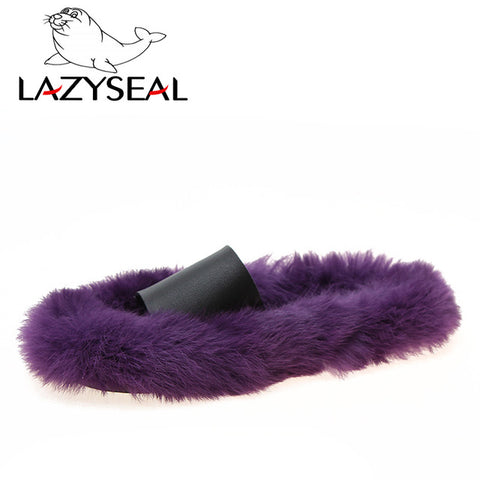 LazySeal Natural Rabbit Fur Slippers Women Shoes Indoor Furry Slippers Warm Home Slides Ladies Flip Flops Flat-soled Plush Shoes