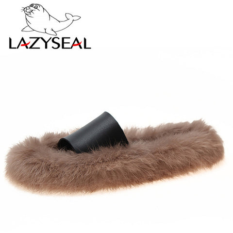 LazySeal Natural Rabbit Fur Slippers Women Shoes Indoor Furry Slippers Warm Home Slides Ladies Flip Flops Flat-soled Plush Shoes