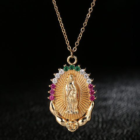 Fooderwerk Stainless Steel Virgin Mary Pendant Necklace Gold Bijoux Crystal Necklace Women Fashion Pendant Catholic Jewelry