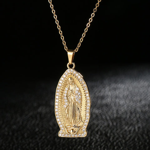 Fooderwerk Stainless Steel Virgin Mary Pendant Necklace Gold Bijoux Crystal Necklace Women Fashion Pendant Catholic Jewelry