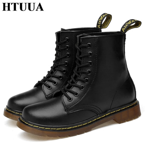 HTUUA 35-46 Genuine Leather Women Boots Fall Winter Warm Fur Ankle Martens Boots Woman Couple Casual Dr. Motorcycle Shoes SX3348