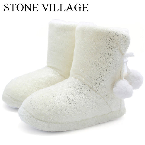 STONE VILLAGE Drop Shipping Solid Plush Ball Winter Home Slippers Cotton Soft Thick Plush Slippers Non-Slip Women Slipper Shoes
