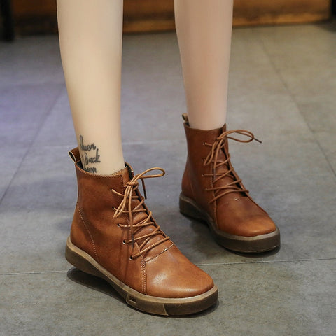New Women Boots Leather Winter Boots Handmade Lace-up Woman Shoes Casual Ankle Boots For Women Fashion Round Top Martin Boots