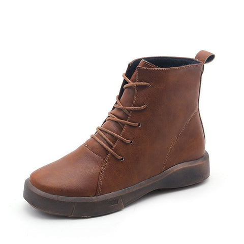 New Women Boots Leather Winter Boots Handmade Lace-up Woman Shoes Casual Ankle Boots For Women Fashion Round Top Martin Boots