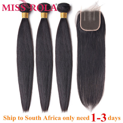 Miss Rola Hair Straight Peruvian Hair Bundles with Closure 100% Human Hair Natural Color Non-Remy Hair 3 Bundles with 4*4Closure