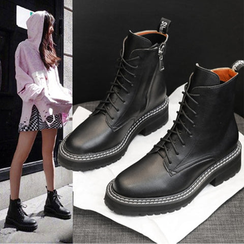 2019 New Fall Winter Martin Boots Women Black Leather Motorcycle Cowboy Platform Boots Punk Combat Ankle Boots Women Shoes