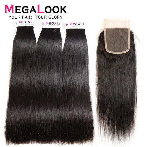 Straight Hair Bundles With Closure Super Double Drawn Megalook Hair Virgin Brazilian Hair Human Hair Bundles with Closure 3 4