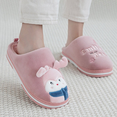 Women Home Flat Soft Slippers Cute Elk Reindeer Christmas Furry Warm Winter Female Slip On Ladies Woman House Shoes Halloween