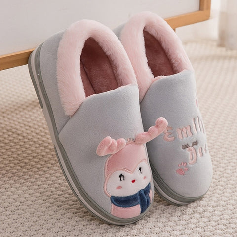 Women Home Flat Soft Slippers Cute Elk Reindeer Christmas Furry Warm Winter Female Slip On Ladies Woman House Shoes Halloween