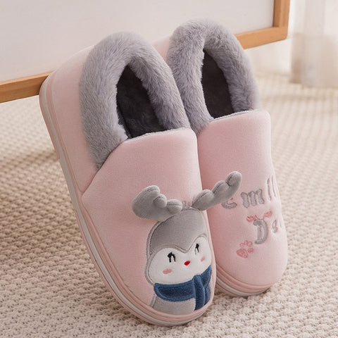 Women Home Flat Soft Slippers Cute Elk Reindeer Christmas Furry Warm Winter Female Slip On Ladies Woman House Shoes Halloween