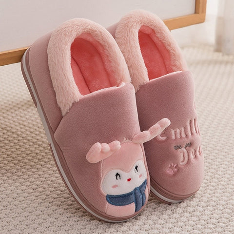 Women Home Flat Soft Slippers Cute Elk Reindeer Christmas Furry Warm Winter Female Slip On Ladies Woman House Shoes Halloween