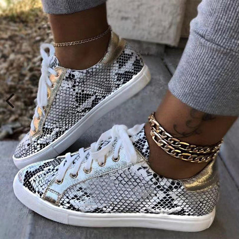 Women Snake Printing PU Leather Vulcanized Shoes Lace up Female Sneakers Fashion 2019 Platform Woman Shoes Walking Footwear