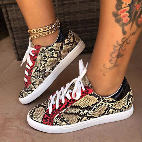 Women Snake Printing PU Leather Vulcanized Shoes Lace up Female Sneakers Fashion 2019 Platform Woman Shoes Walking Footwear
