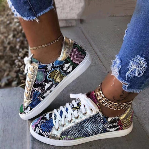 Women Snake Printing PU Leather Vulcanized Shoes Lace up Female Sneakers Fashion 2019 Platform Woman Shoes Walking Footwear