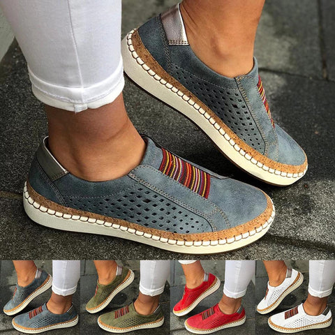 Women Slip on Sneakers Shallow Loafers Vulcanized Shoes Breathable Hollow Out Female Casual Shoes Ladies Leather Flats