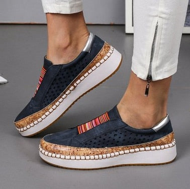 Women Slip on Sneakers Shallow Loafers Vulcanized Shoes Breathable Hollow Out Female Casual Shoes Ladies Leather Flats