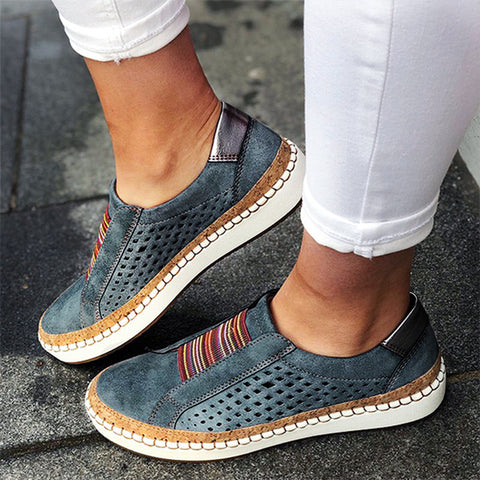 Women Slip on Sneakers Shallow Loafers Vulcanized Shoes Breathable Hollow Out Female Casual Shoes Ladies Leather Flats