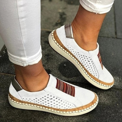 Women Slip on Sneakers Shallow Loafers Vulcanized Shoes Breathable Hollow Out Female Casual Shoes Ladies Leather Flats