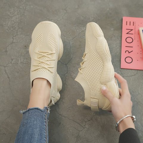 Sneakers Women Mesh Lace-Up Solid Flat Platform Shallow Stretch Fabric Knited Spring Autumn Wedges Shoes For Women 812W