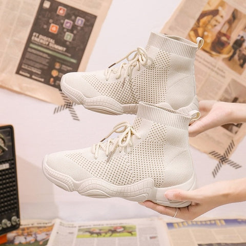 Sneakers Women Mesh Lace-Up Solid Flat Platform Shallow Stretch Fabric Knited Spring Autumn Wedges Shoes For Women 812W