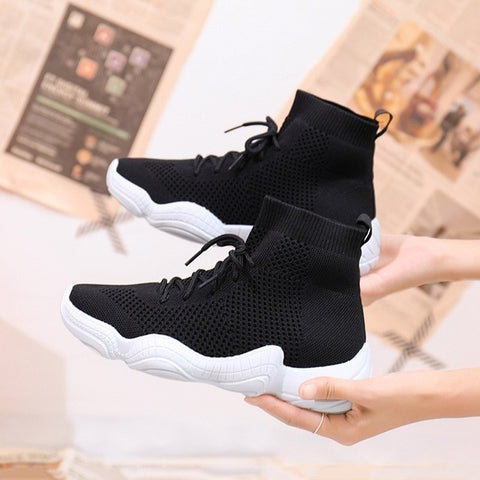 Sneakers Women Mesh Lace-Up Solid Flat Platform Shallow Stretch Fabric Knited Spring Autumn Wedges Shoes For Women 812W