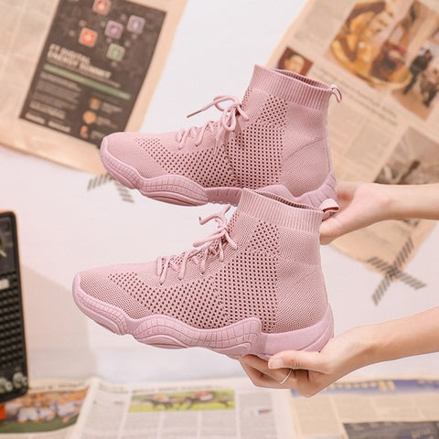 Sneakers Women Mesh Lace-Up Solid Flat Platform Shallow Stretch Fabric Knited Spring Autumn Wedges Shoes For Women 812W